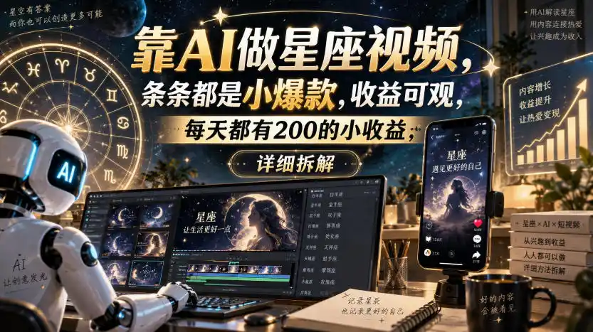 靠AI做星座视频，条条都是小爆款，收益可观，每天都有200的小收益，详细拆解-聚力云网创