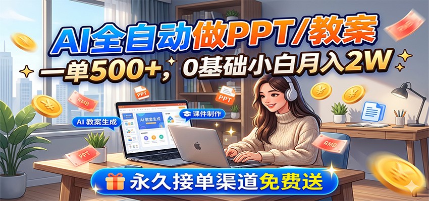 AI全自动做PPT/教案，一单500+，0基础小白月入2W，永久接单渠道免费送-聚力云网创