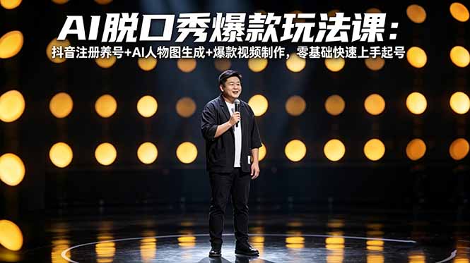 AI脱口秀爆款玩法课：抖音注册养号+AI人物图生成+爆款视频制作，零基础快速上手起号-聚力云网创