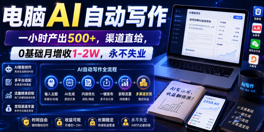 电脑AI自动写作，一小时产出500+，渠道直给，0基础月增收1-2W，永不失业【揭秘】-聚力云网创