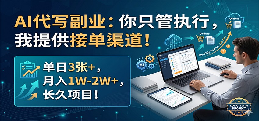 AI代写副业：你只管执行，我提供接单渠道！单日3张+，月入1W-2W+，长久项目-聚力云网创