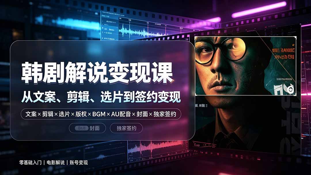 抖音270W粉丝博主亲授韩剧解说课：文案×剪辑×选片×版权×BGM×AU配音×封面×独家签约，零基础到变现-聚力云网创