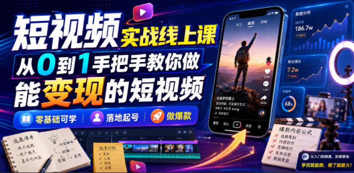 短视频实战线上课,从0到1手把手教你做能变现的短视频,零基础可学,落地起号做爆款-聚力云网创