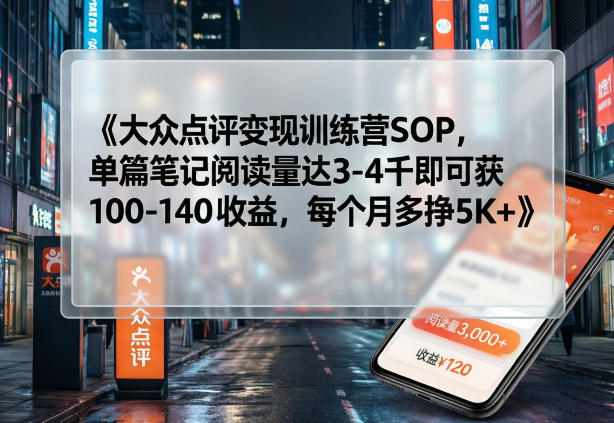 大众点评变现训练营SOP，单篇笔记阅读量达3-4千即可获100-140收益，每个月多挣5K+-聚力云网创