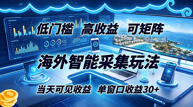海外智能采集玩法，低门槛高单价可矩阵，当天可见收益，单窗口30+-聚力云网创
