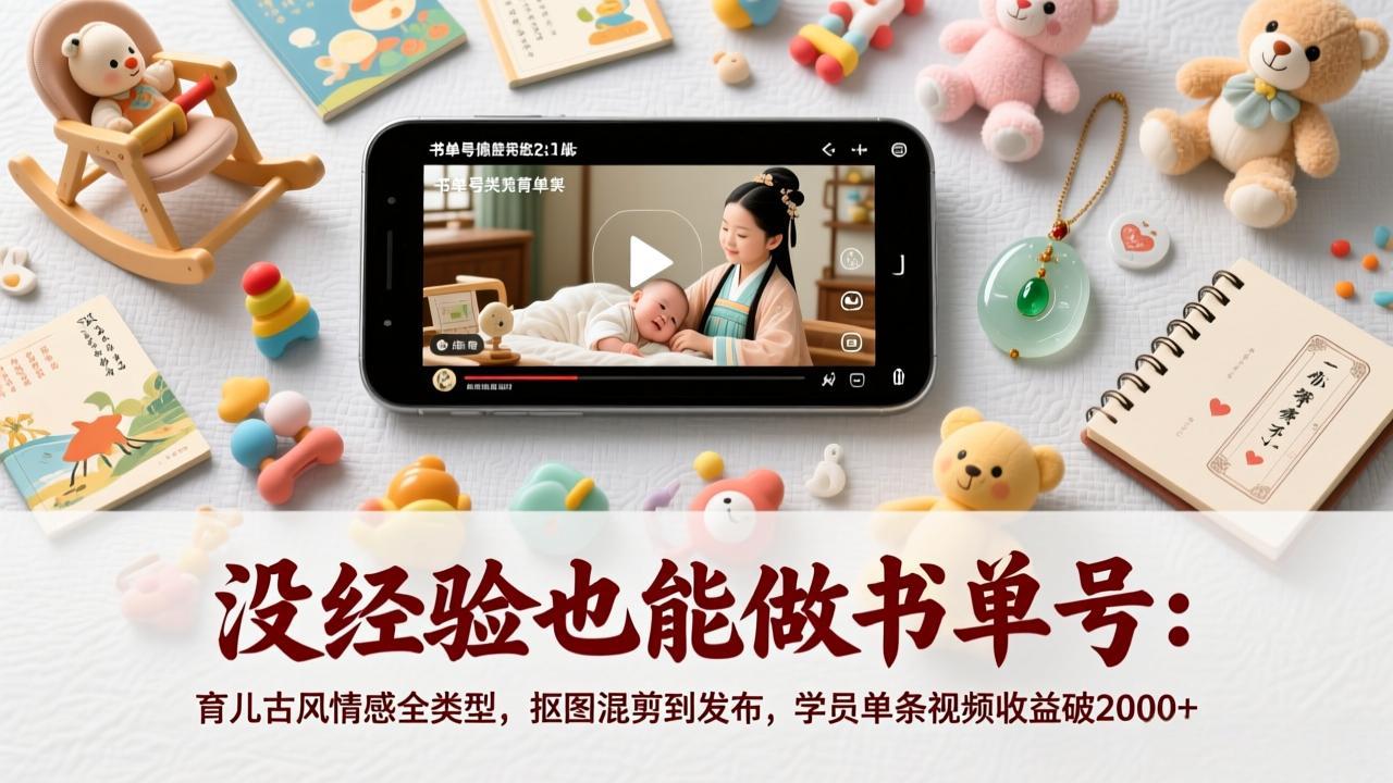 没经验也能做书单号：育儿古风情感全类型，抠图混剪到发布，学员单条视频收益破2000+-聚力云网创