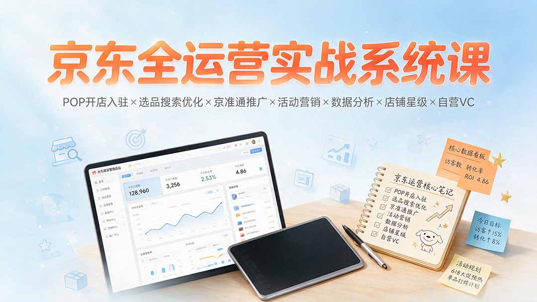 京东全运营实战系统课:POP开店入驻×选品搜索优化×京准通推广×活动营销×数据分析×店铺星级×自营VC-聚力云网创