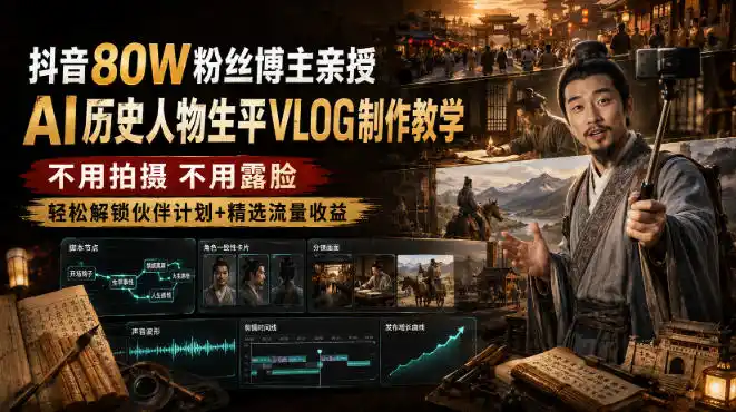 抖音80W粉丝博主的AI历史人物生平VLOG教学,不用拍摄不用露脸,AI帮你搞定,轻松解锁伙伴计划+精选收益-聚力云网创