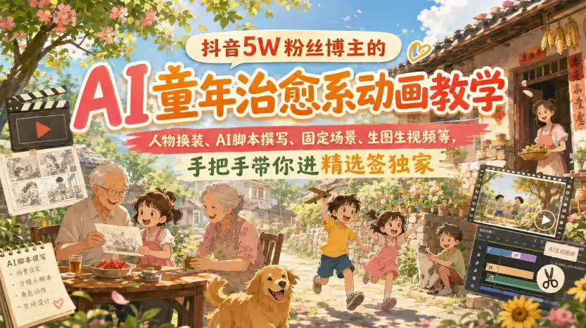 抖音5W粉丝博主的AI童年治愈系动画教学，人物换装、AI脚本撰写、固定场景、生图生视频等，手把手带你进精选签独家-聚力云网创