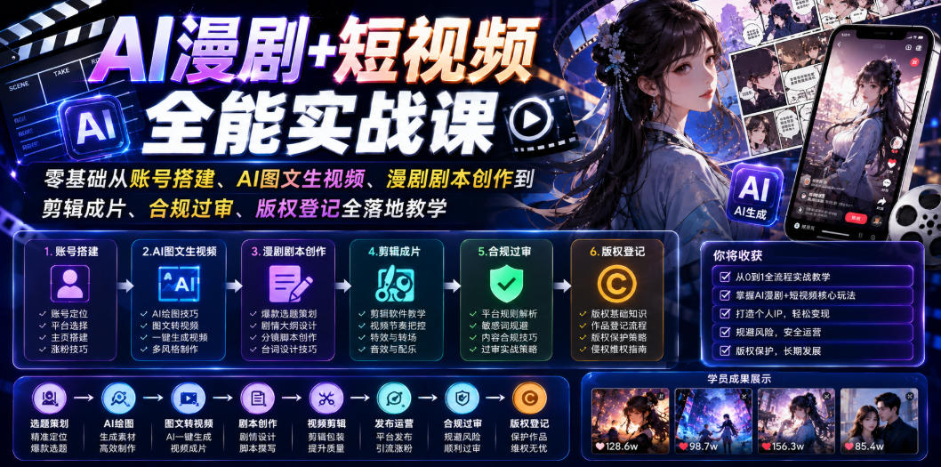 AI漫剧+短视频全能实战课｜零基础从账号搭建、AI图文生视频、漫剧剧本创作到剪辑成片、合规过审、版权登记全落地教学-聚力云网创