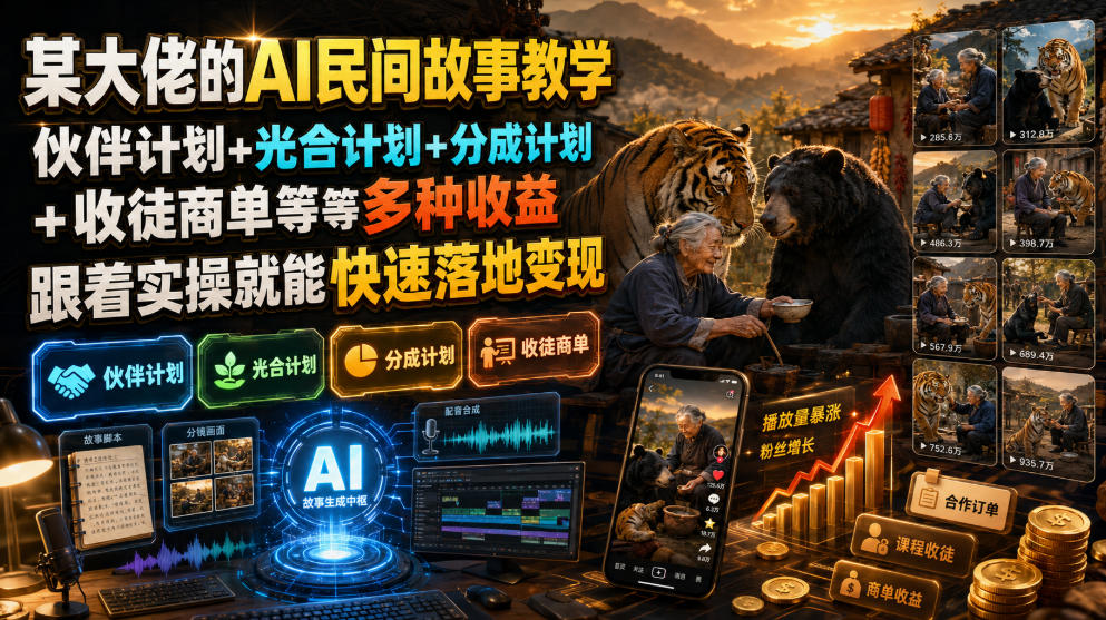 某大佬的AI民间故事教学,伙伴计划+光合计划+分成计划+收徒商单等多种收益,跟着实操就能快速落地变现-聚力云网创