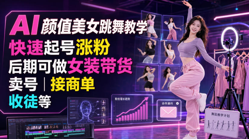 AI颜值美女跳舞教学,快速起号涨粉,后期可做女装带货,卖号,接商单,收徒等-聚力云网创