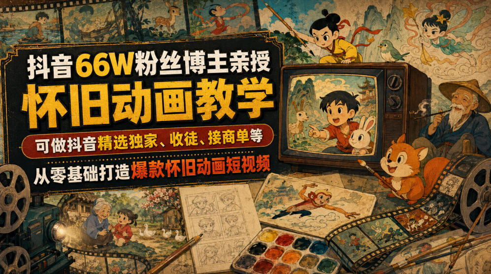 抖音66W粉丝博主亲授怀旧动画教学，可做抖音精选独家、收徒、接商单等，从零基础打造爆款怀旧动画短视频-聚力云网创