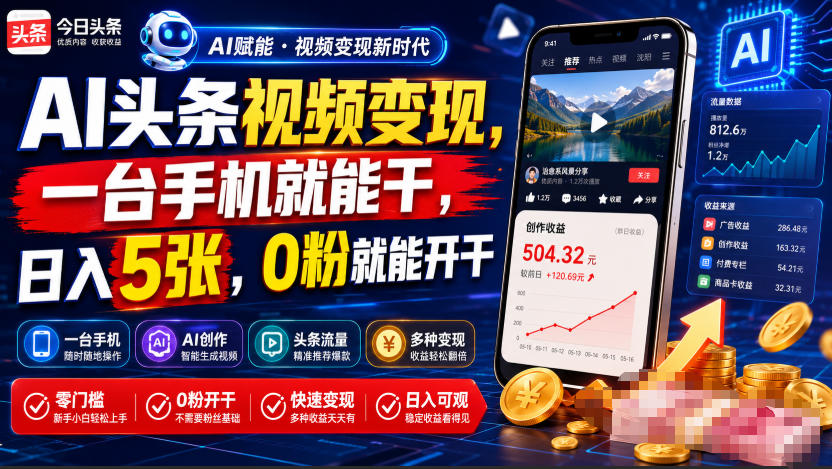 AI头条视频变现，一台手机就能干，日入5张，0粉就能开干-聚力云网创