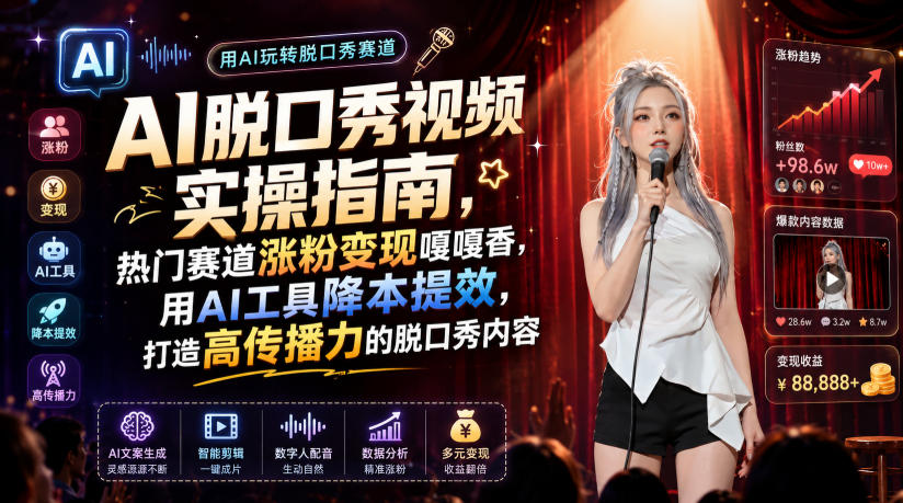 AI脱口秀视频实操指南,热门赛道涨粉变现嘎嘎香,用AI工具降本提效,打造高传播力的脱口秀内容-聚力云网创