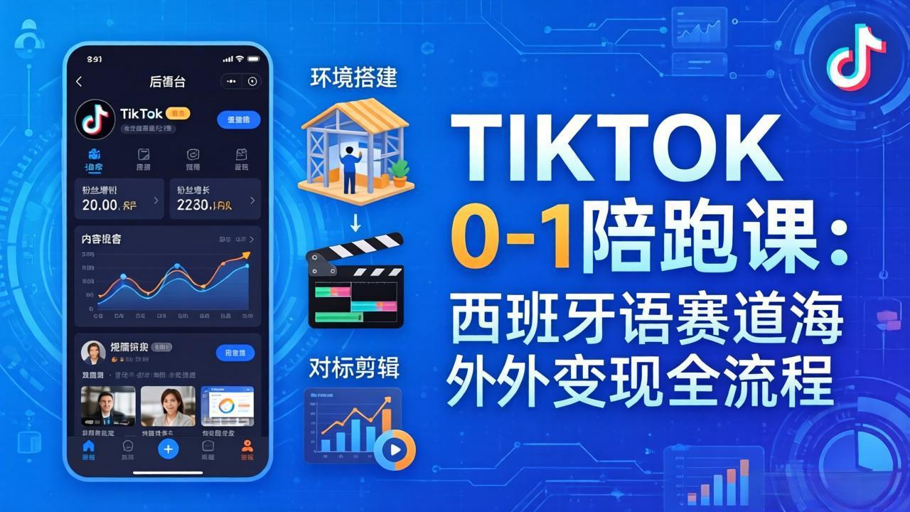 TIKTOK 0-1 陪跑课:从环境搭建到刷对标剪辑,西班牙语赛道海外变现全流程-聚力云网创