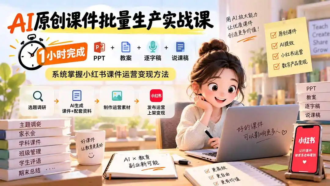 AI原创课件批量生产实战课:1小时完成PPT+教案+逐字稿+说课稿,系统掌握小红书课件运营变现方法-聚力云网创