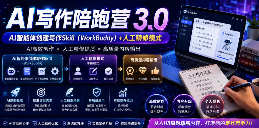 AI写作陪跑营3.0,Ai智能体创建写作skill(workbuddy)+人工手写模式(手搓模式),去除AI痕迹(头条号、公众号、百家号)-聚力云网创