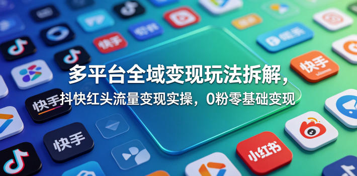 多平台全域变现玩法拆解，抖快红头流量变现实操，0粉零基础变现-聚力云网创