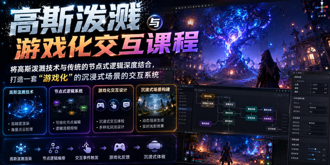 高斯泼溅与游戏化交互课程，将高斯泼溅技术与传统的节点式逻辑深度结合，打造一套“游戏化”的沉浸式场景的交互系统-聚力云网创