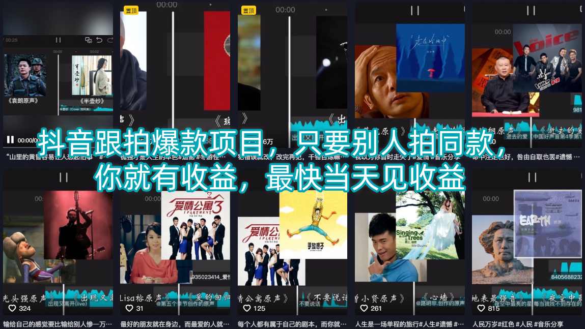 抖音跟拍爆款项目，只要别人拍同款，你就有收益，最快当天见收益-聚力云网创