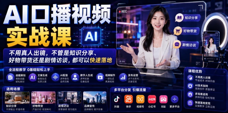 AI口播视频实战课，不用真人出镜，不管是知识分享、好物带货还是剧情访谈，都可以快速落地-聚力云网创