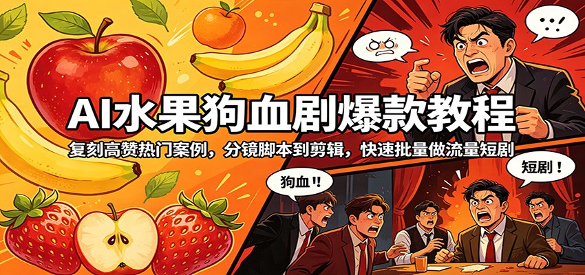 AI水果狗血剧爆款教程：复刻高赞热门案例，分镜脚本到剪辑，快速批量做流量短剧-聚力云网创