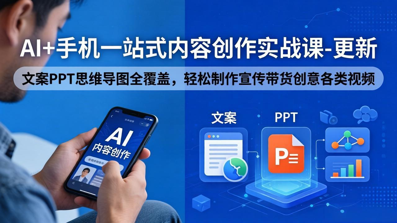 AI+手机一站式内容创作实战课-更新,文案PPT思维导图全覆盖,轻松制作宣传带货创意各类视频-聚力云网创