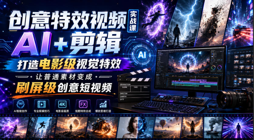 创意特效视频实战课,AI+剪辑打造电影级视觉特效,让普通素材变成刷屏级创意短视频-聚力云网创
