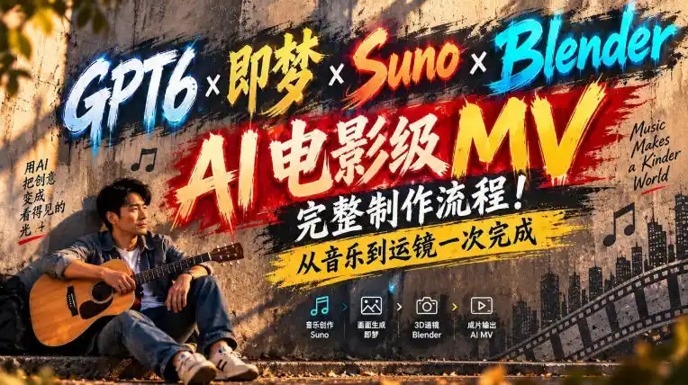 GPT6×即梦×Suno×Blender｜AI电影级MV完整制作流程！从音乐到运镜一次完成！-聚力云网创