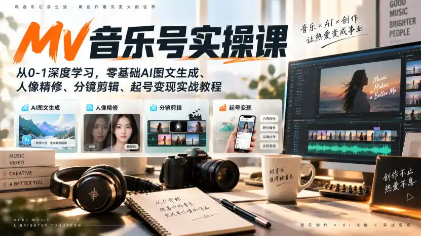 AI MV音乐号实操课,从0-1深度学习,零基础AI图文生成、人像精修、分镜剪辑、起号变现实战教程-聚力云网创