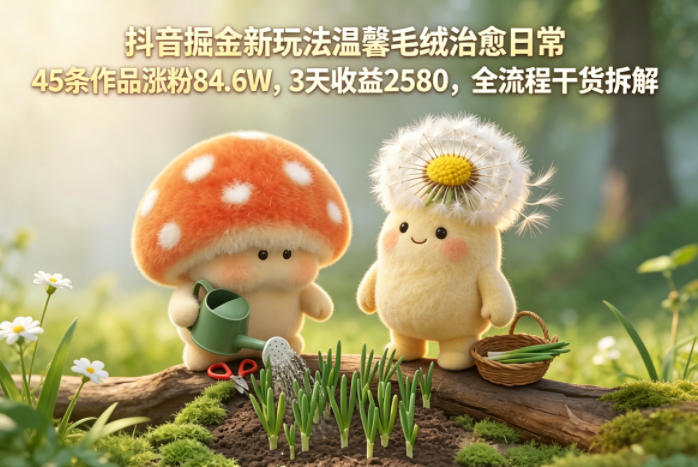抖音掘金新玩法温馨毛绒治愈日常，45条作品涨粉84.6W，3天收益2580，全流程干货拆解-聚力云网创