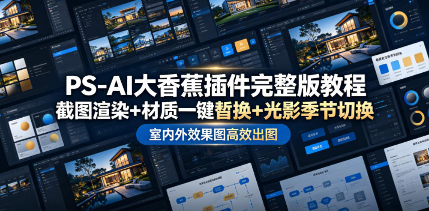 PS-AI大香蕉插件完整版教程，截图渲染+材质一键替换+光影季节切换，室内外效果图高效出图高阶课程-聚力云网创