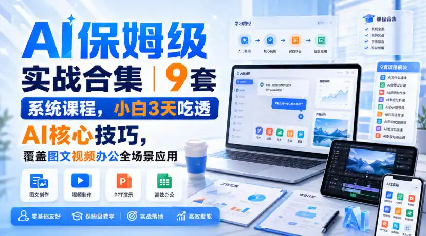 AI保姆级实战合集｜9套系统课程，小白3天吃透AI核心技巧，覆盖图文视频办公全场景应用-聚力云网创