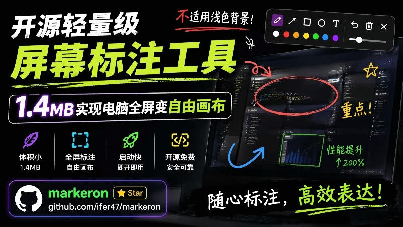 开源轻量级屏幕标注工具,1.4MB实现电脑全屏变自由画布!支持8种标注工具和全键盘操控MarkerOn-聚力云网创