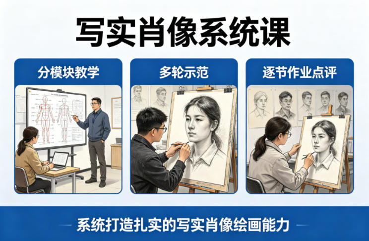 写实肖像系统课，全程分模块教学+多轮示范+逐节作业点评，系统打造扎实的写实肖像绘画能力-聚力云网创