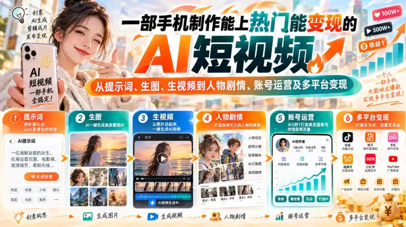 【无水印】一部手机制作能上热门能变现的AI短视频,从提示词、生图、生视频到人物剧情、账号运营及多平台变现-聚力云网创