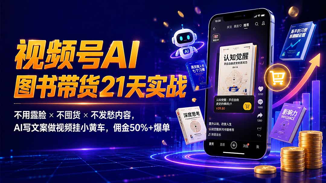 繁花视频号AI图书带货21天实战：不用露脸×不囤货×不发愁内容，AI写文案做视频挂小黄车，佣金50%+爆单-聚力云网创