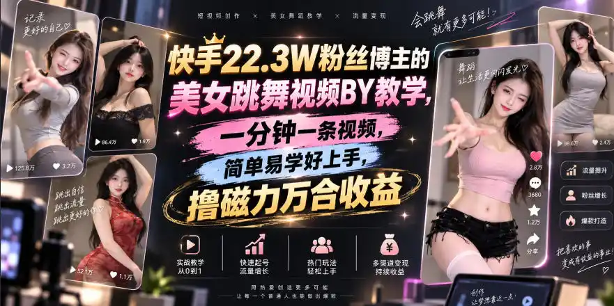 快手22.3W粉丝博主的美女跳舞视频搬运教学,快手MT搬运,一分钟一条视频,简单易学好上手,撸磁力万合收益-聚力云网创