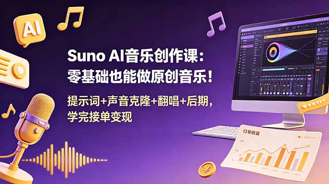 Suno AI音乐创作课：零基础也能做原创音乐！提示词+声音克隆+翻唱+后期，学完接单变现-聚力云网创