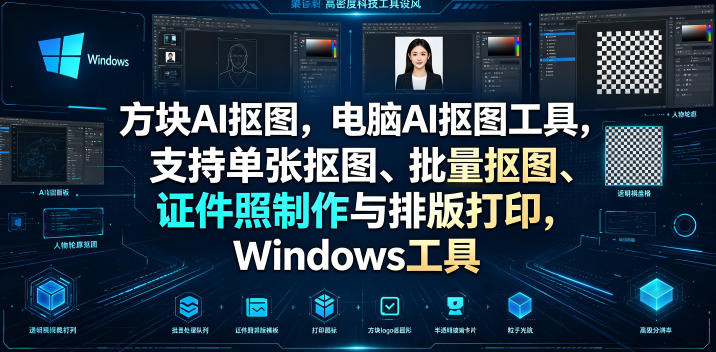 方块AI抠图，电脑AI抠图工具，支持单张抠图、批量抠图、证件照制作与排版打印，Windows工具-聚力云网创