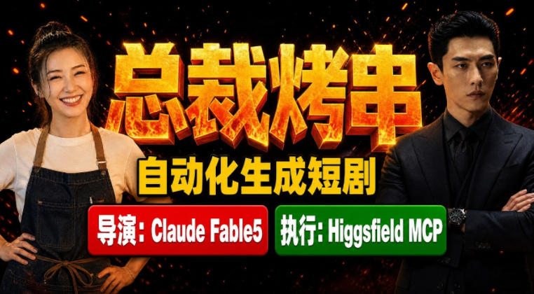 Claude Fable5担任导演+Higgsfield MCP落地执行|《总裁烤串》真人质感短剧全自动AI生成全流程教学-聚力云网创