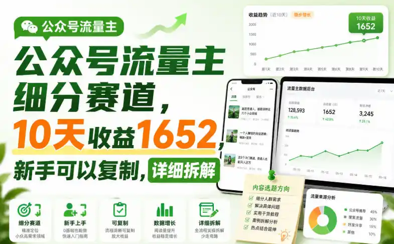 公众号流量主细分赛道,10天收益1652,新手可以复制,详细拆解-聚力云网创