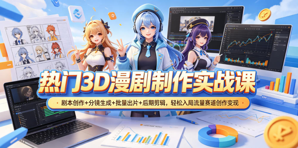 热门3D漫剧制作实战课,剧本创作+分镜生成+批量出片+后期剪辑,轻松入局流量赛道创作变现-聚力云网创