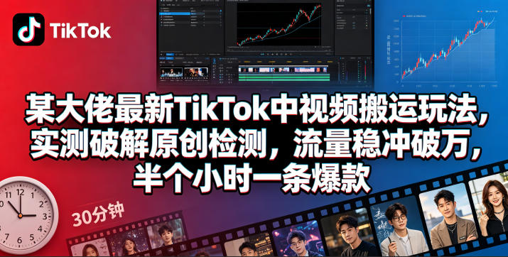 某大佬最新TikTok中视频搬运玩法，实测破解原创检测，流量稳冲破万，半个小时一条爆款-聚力云网创