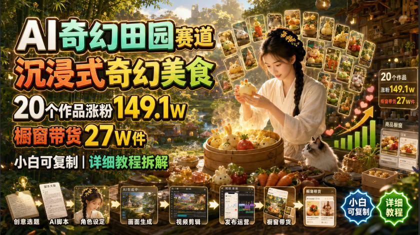 AI奇幻田园赛道，沉浸式奇幻美食，20个作品涨粉149.1W，橱窗带货27W件，小白可复制，详细教程拆解-聚力云网创
