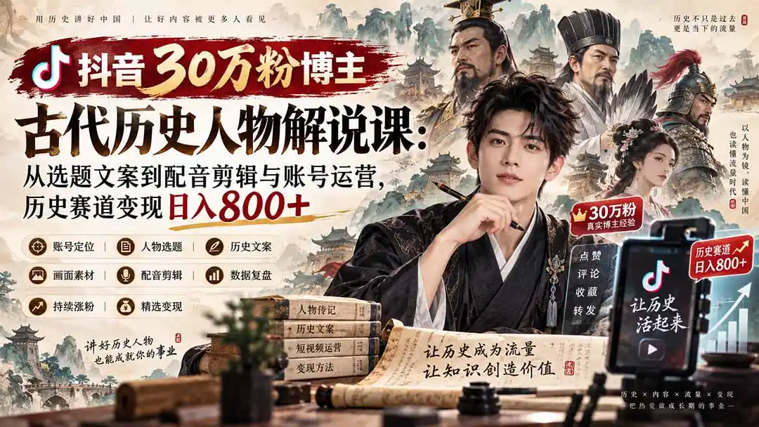 抖音30万粉博主古代历史人物解说课：从选题文案到配音剪辑与账号运营，历史赛道变现日入800+-聚力云网创