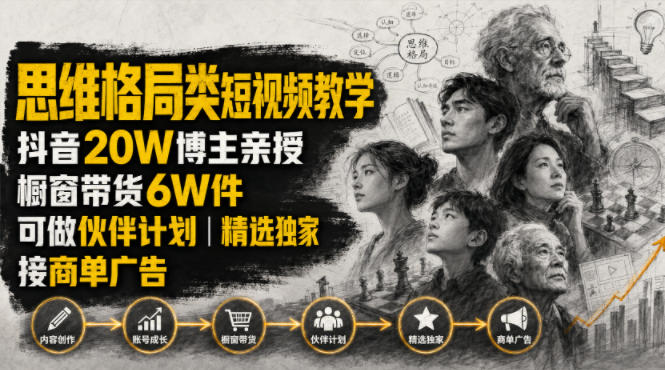 人性思维格局类短视频教学，抖音20W博主亲授，橱窗带货6W件，可做伙伴计划、精选独家、接商单广告-聚力云网创