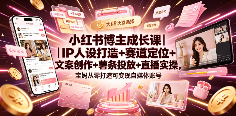 小红书博主成长课｜IP人设打造+赛道定位+文案创作+薯条投放+直播实操，宝妈从零打造可变现自媒体账号-聚力云网创
