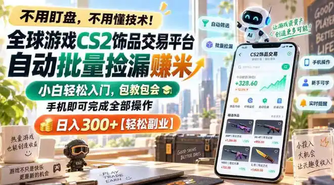 全球游戏CS2饰品交易平台自动批量捡漏賺米,小白轻松入门,包教包会,手机即可完成全部操作,日入300+【揭秘】-聚力云网创